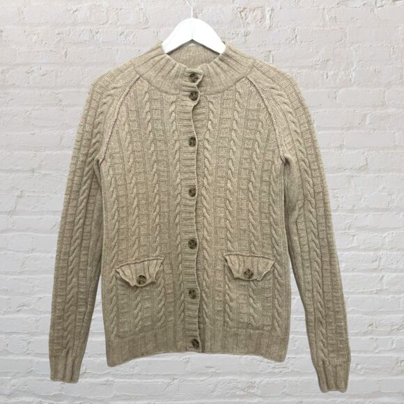 Banana Republic Cable Knit Cardigan S Cashmere Wool Tan Pockets Classic EUC - Picture 1 of 14